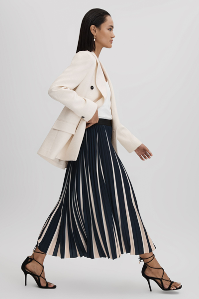 Reiss Saige - Navy/cream Pleated Striped Midi Skirt, Us 6