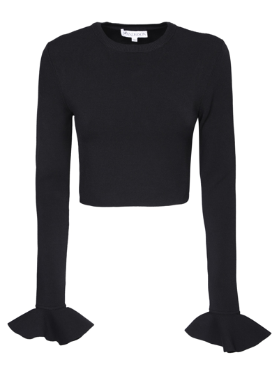 Jw Anderson Cropped Ruffled Knit Sweater In Black