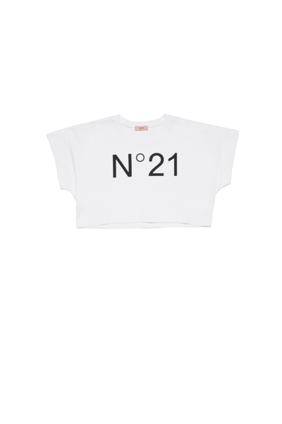 N°21 Kids' N21t170f T-shirt N21 Branded Cropped T-shirt In Bianco