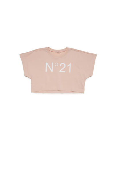 N°21 Kids' N21t170f T-shirt N21 Branded Cropped T-shirt In Cipria