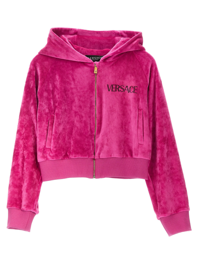 Versace Kids' Logo-embellished Zip-up Velvet Hoodie In Pink