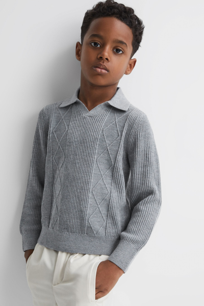 Reiss Malik - Soft Grey Melange Teen Knitted Open-collar Top, Uk 13-14 Yrs In Gray
