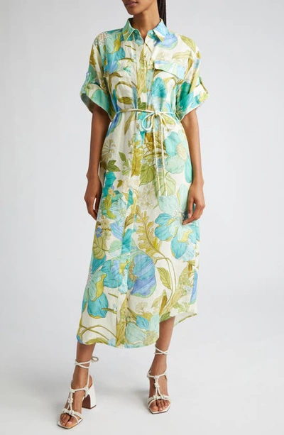 Alemais Janis Floral Print Belted Linen Midi Shirtdress In Blue Multi