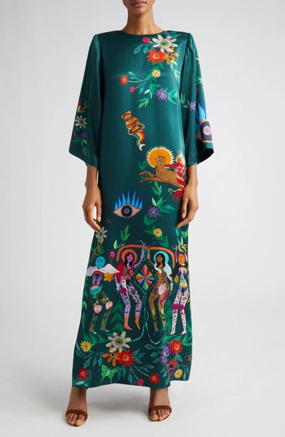 Alemais Agatha Printed Silk Satin Gown In Teal