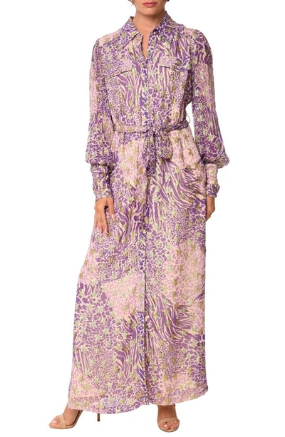 Ciebon Beverly Metallic Tie Waist Long Sleeve Maxi Shirtdress In Purple