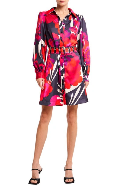 Ciebon Billy Floral Print Long Sleeve Shirtdress In Red Multi