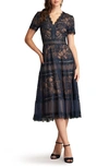 Tadashi Shoji Lace & Mesh Midi Cocktail Dress In Navy/ Nude