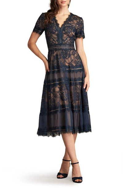 Tadashi Shoji Lace & Mesh Midi Cocktail Dress In Navy/ Nude