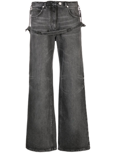 Courrèges One Strap Stonewashed Mid-rise Jeans In Grey