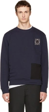 MCQ BY ALEXANDER MCQUEEN MCQ ALEXANDER MCQUEEN INDIGO AND BLACK COLORBLOCK GLYPH LOGO SWEATSHIRT