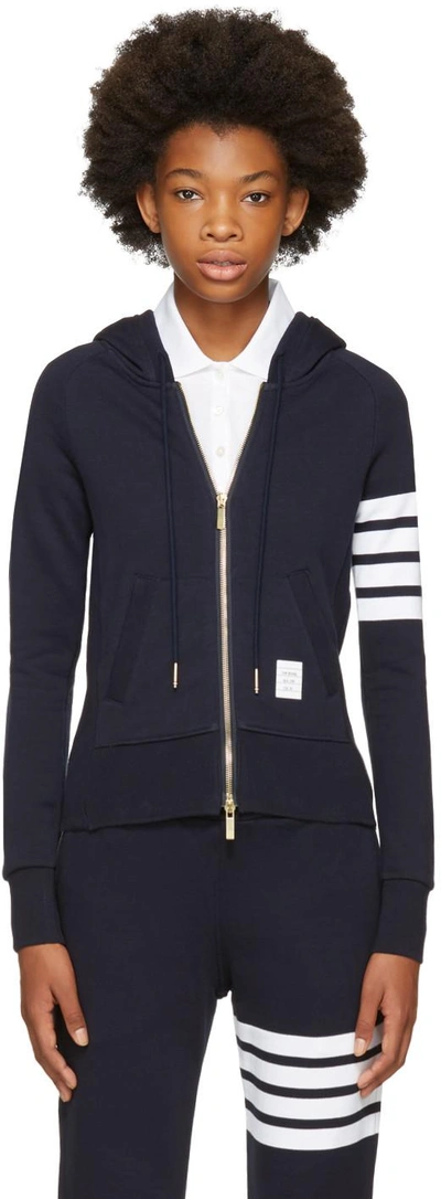 Thom Browne Zip-up Hoodie With Four-bar Detail In Blue