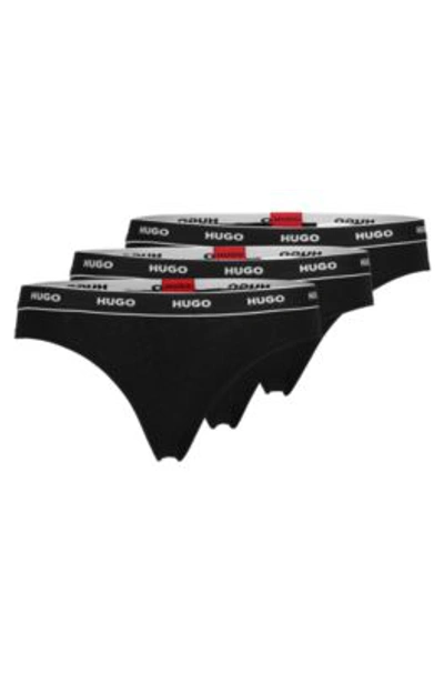 Hugo Three-pack Of Logo-waistband Thongs In Stretch Cotton In Black