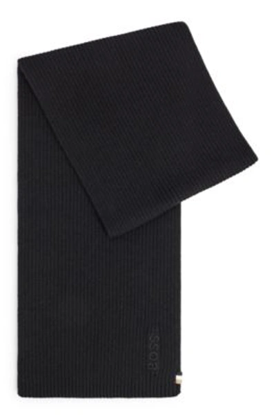 Hugo Boss Ribbed Scarf In A Cotton Blend With Logo Details In Black