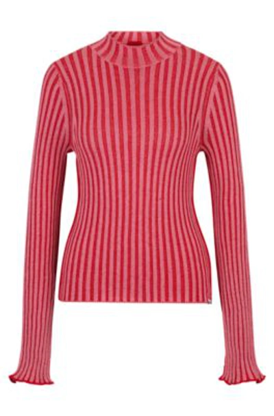 Hugo Mock-neck Sweater In Ribbed Cotton With Frilled Seams In Light Pink