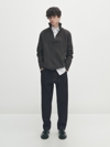 Massimo Dutti Rippstrickpullover Im Polo-stil Aus Wollgemisch In Charcoal