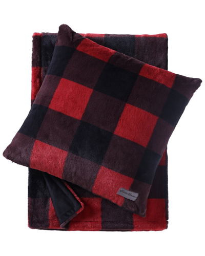 Eddie Bauer Cabin Plaid Fur Like Throw & Pillow Set In Red
