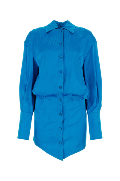 Attico 'sylvie' Blue Shirt Dress With All-over Monogram Print In Satin Fabric Woman In Printed