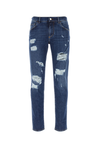 Dolce & Gabbana Waist Belt Loops Ripped Stonewashed Denim Trousers In Blue