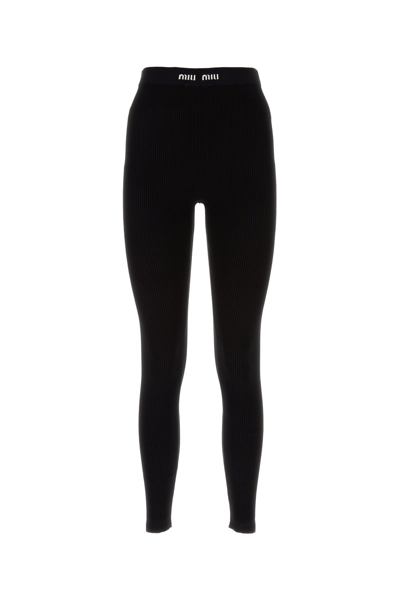 Miu Miu High Waist Logo Band Ribbed Leggings In Black