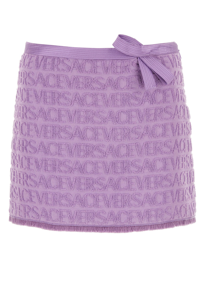 Versace Woman Lilac Terry Fabric  Allover Mini Skirt In Purple