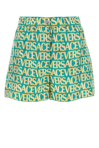 Versace Logo印花真丝斜纹短裤 In Turquoise+avorio