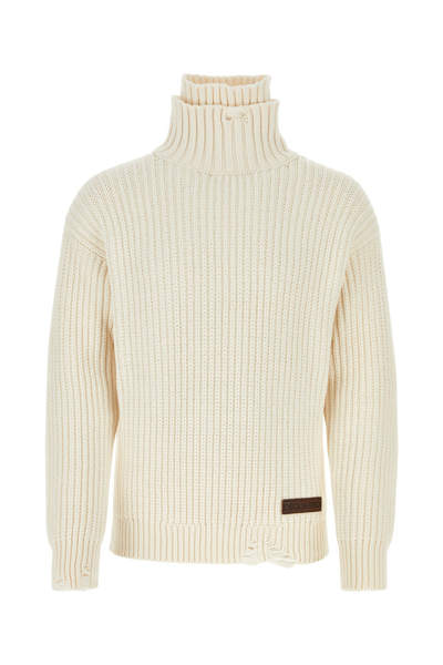 Dsquared2 Broken Stitch Double Collar Cream Turtleneck Sweater In White