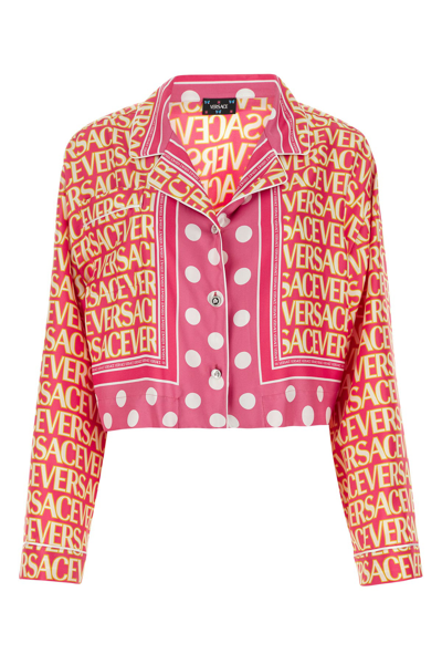 Versace Allover Cropped Silk Shirt In Pink