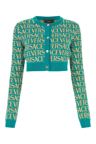 Versace Logo提花针织短款开衫 In Blue