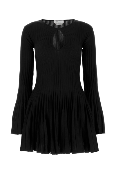 Blumarine Pleated Wool Knit Long Sleeve Mini Dress In Nero