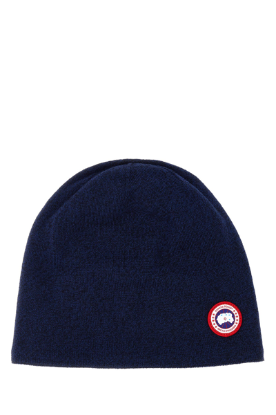 Canada Goose Man Melange Navy Blue Stretch Wool Blend Beanie Hat In Black