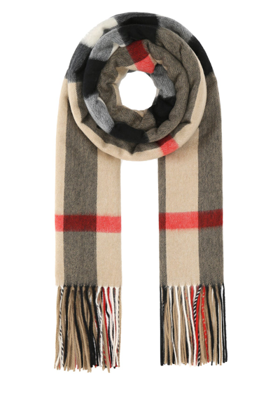 Burberry Cashmere Scarf With Embroidered Checks And Fringed Hems In Cream