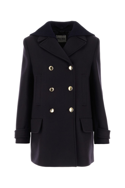 Miu Miu Virgin Wool Double-breasted Coat In Navy