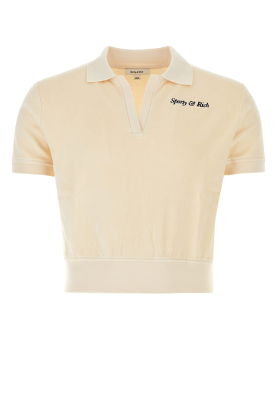 Sporty And Rich Cotton Polo With Elastic Cuffs And Contrast Collar In Cream