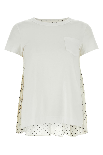Sacai Pleated Polka-dot Crepe And Cotton-jersey T-shirt In Cream