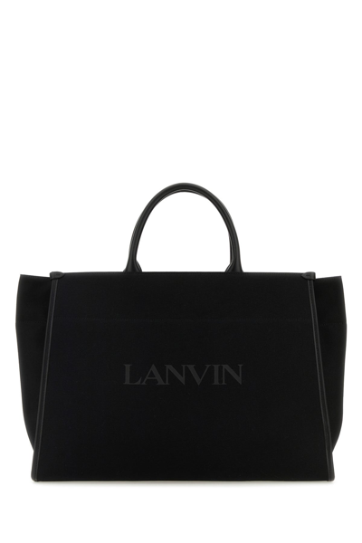 Lanvin Mm Logo Leather-trimmed Canvas Tote Bag In Black