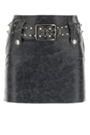 Alessandra Rich Leather Mini Skirt With Belt And Appliques In Gray