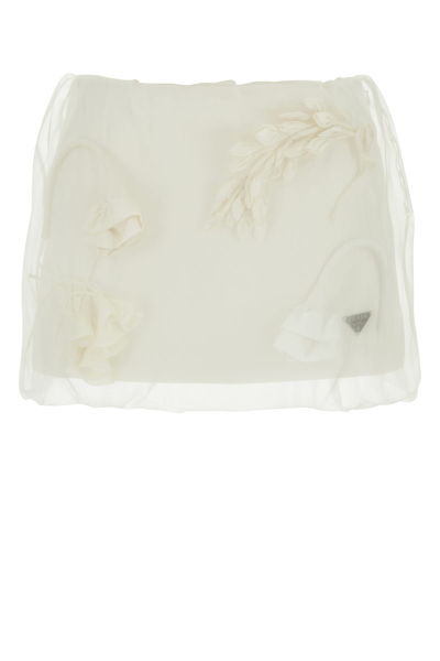 Prada Woman White Satin And Organza Mini Skirt In Beige