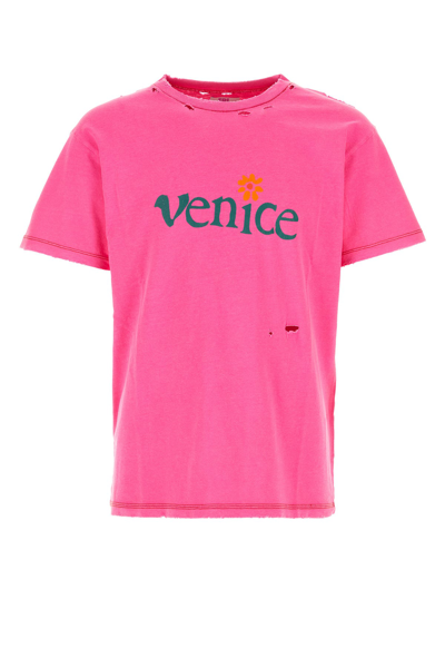 Erl Venice Printed Distressed Cotton T-shirt In Pink