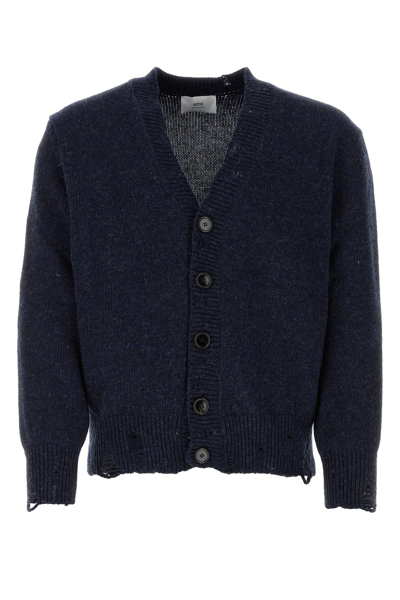 Ami Alexandre Mattiussi Distressed-effect Virgin-wool Cardigan In Blue