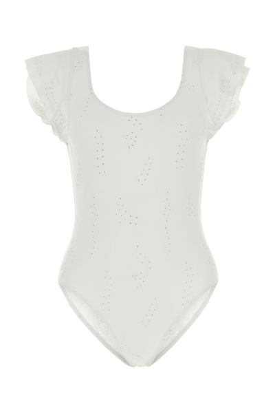 Chloé Flounced Sleeve Scoop Back Swimsuit With Embroidery In Grey