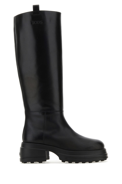 Tod's Leather Knee Boots With Block Heel And Round Toe