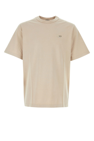 Fendi Ribbed Crew-neck Cotton T-shirt With Short Sleeves In Cream