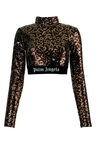 Palm Angels Mockneck Sequined Crop Top In Brown