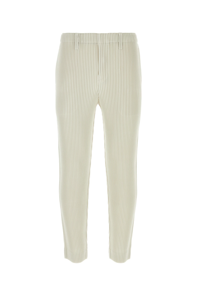 Issey Miyake Kersey Pleats Ribbed Striped Polyester Trousers In Cream