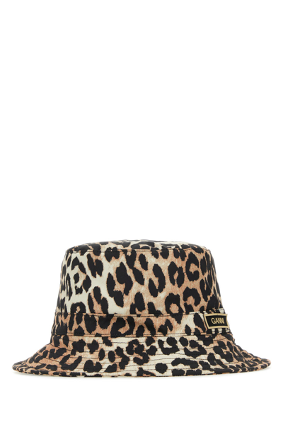 Ganni Patterned Wide Brim Hat With Contrasting Band In Black