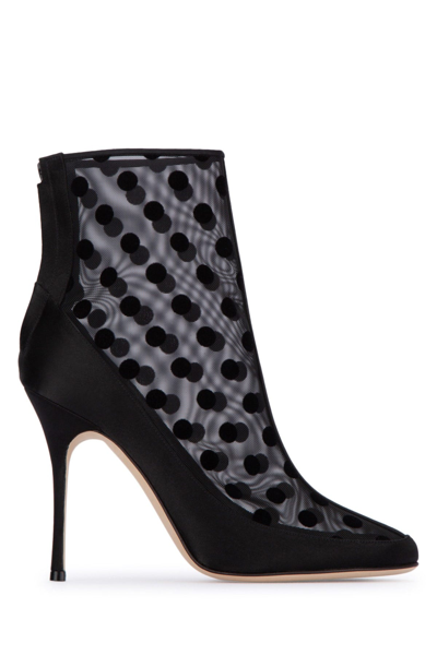 Manolo Blahnik Mukinka 105 Satin-trimmed Polka-dot Mesh Ankle Boots In Blck