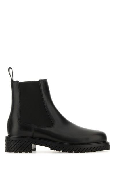 Off-white Round-toe Leather Ankle Boots In Black