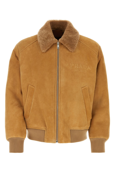 Prada Shearling Jacket In Cork Beige