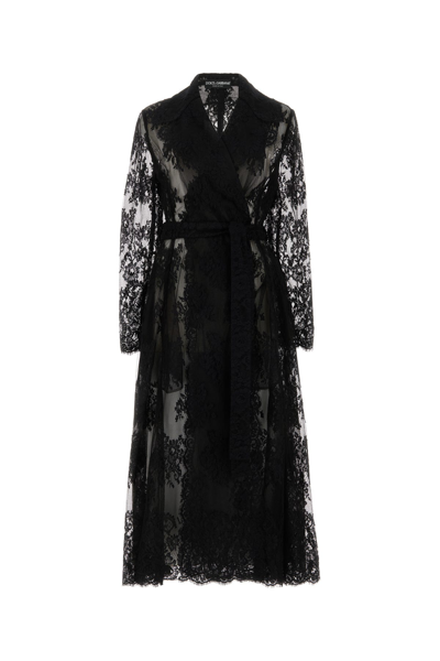 Dolce & Gabbana Belted Lace Overcoat With Sheer Sleeves In Black