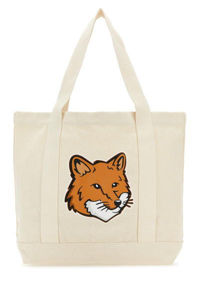 Maison Kitsuné Fox Head Cotton Tote Bag In Beige
